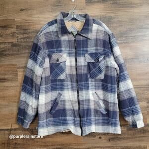 Vtg IC Mist Flannel Plaid Sherpa Shacket Jacket L Zip Front